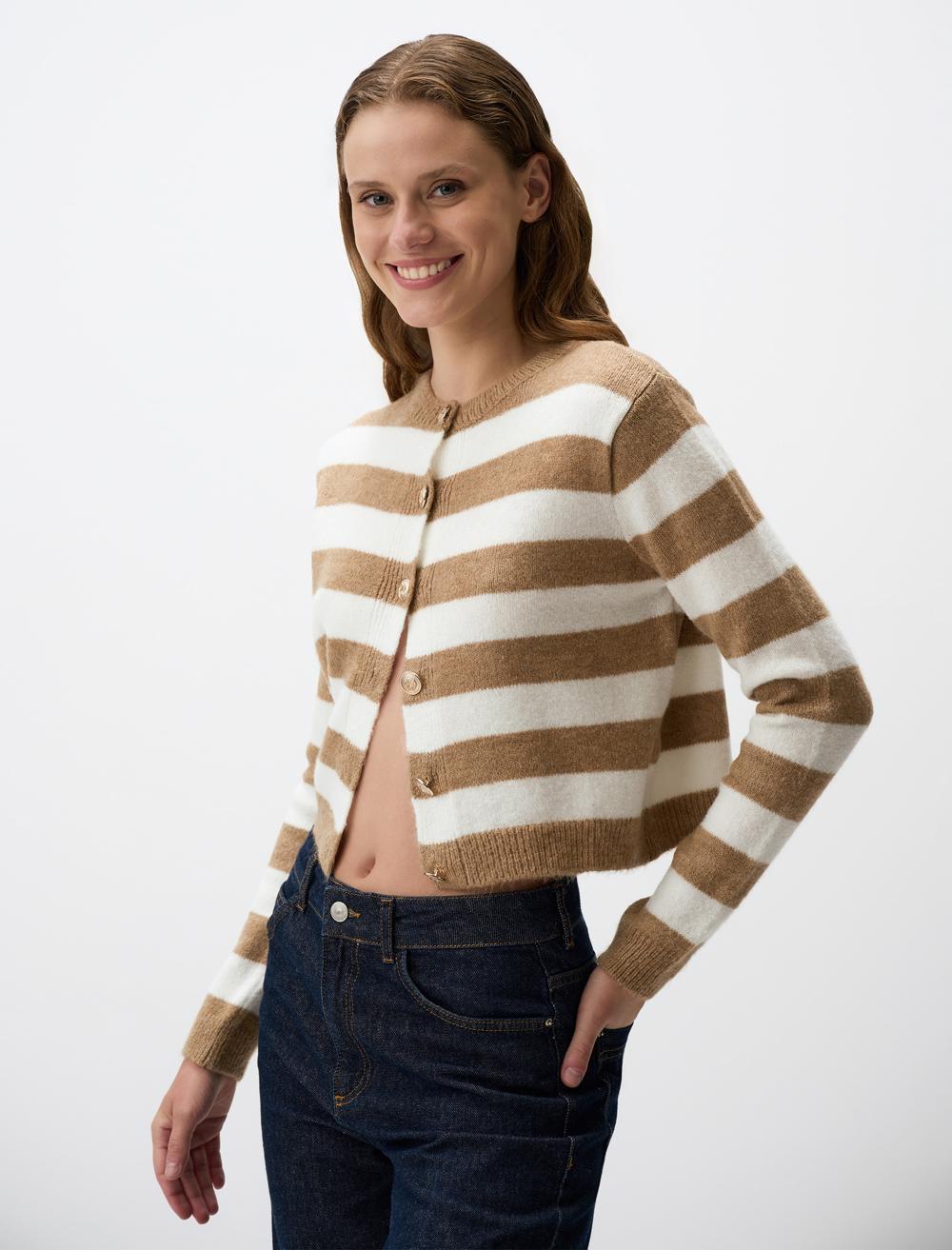 Long Sleeved Striped Patterned Knit Cardigan