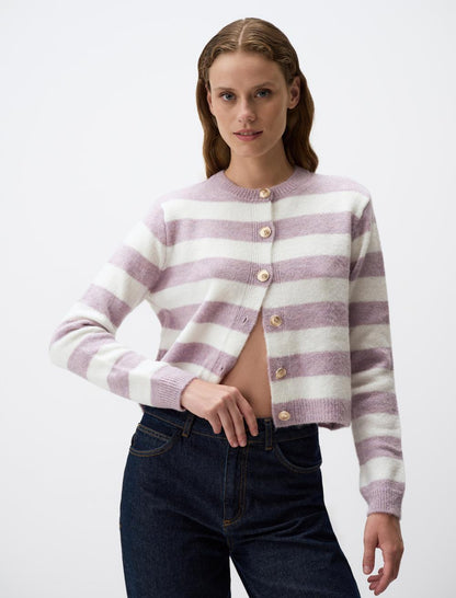 Long Sleeved Striped Patterned Knit Cardigan