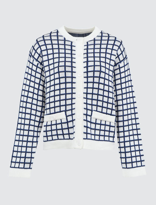 Round Neck Plaid Patterned Sweater Cardigan