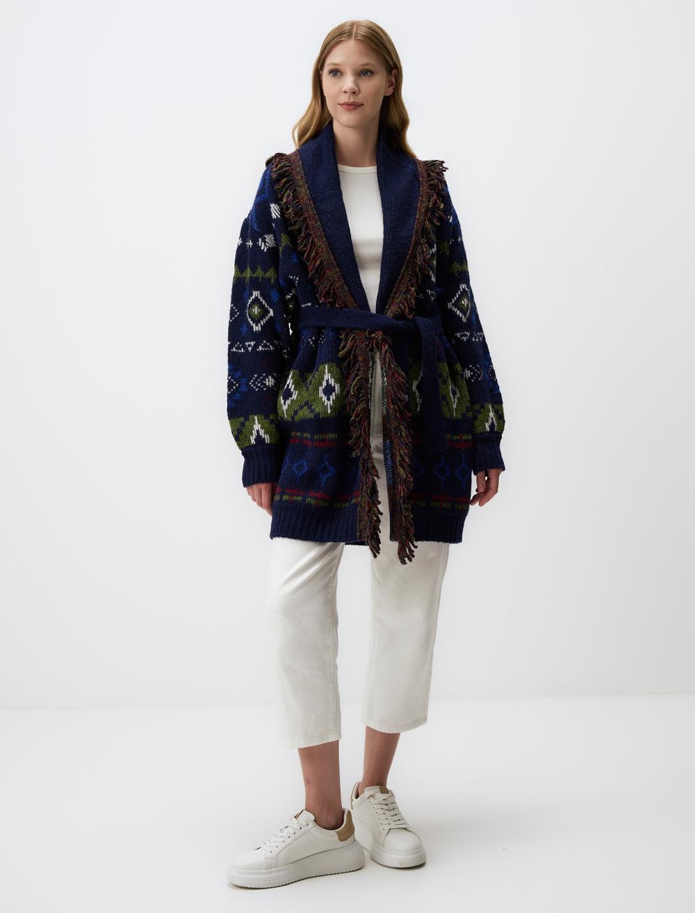 Loose Fit Open Neck Patterned Sweater Cardigan