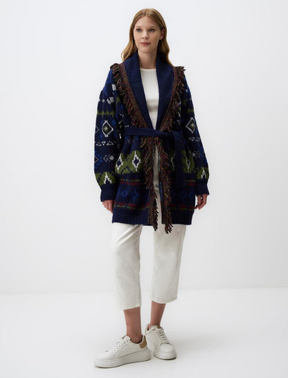 Loose Fit Open Neck Patterned Sweater Cardigan
