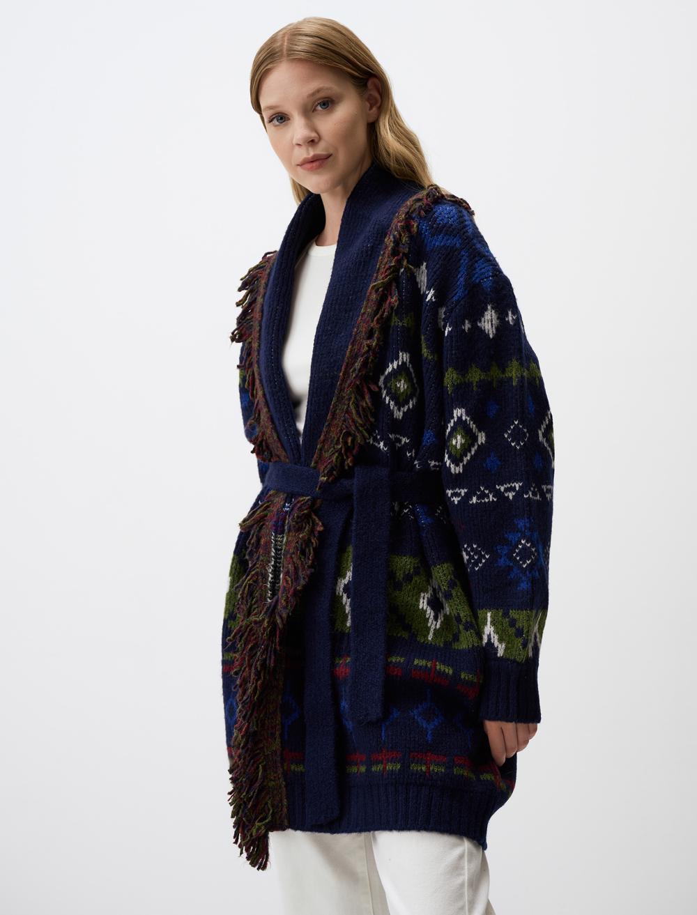 Loose Fit Open Neck Patterned Sweater Cardigan