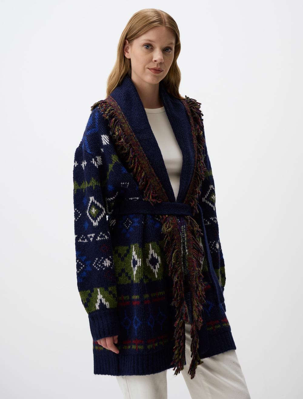 Loose Fit Open Neck Patterned Sweater Cardigan
