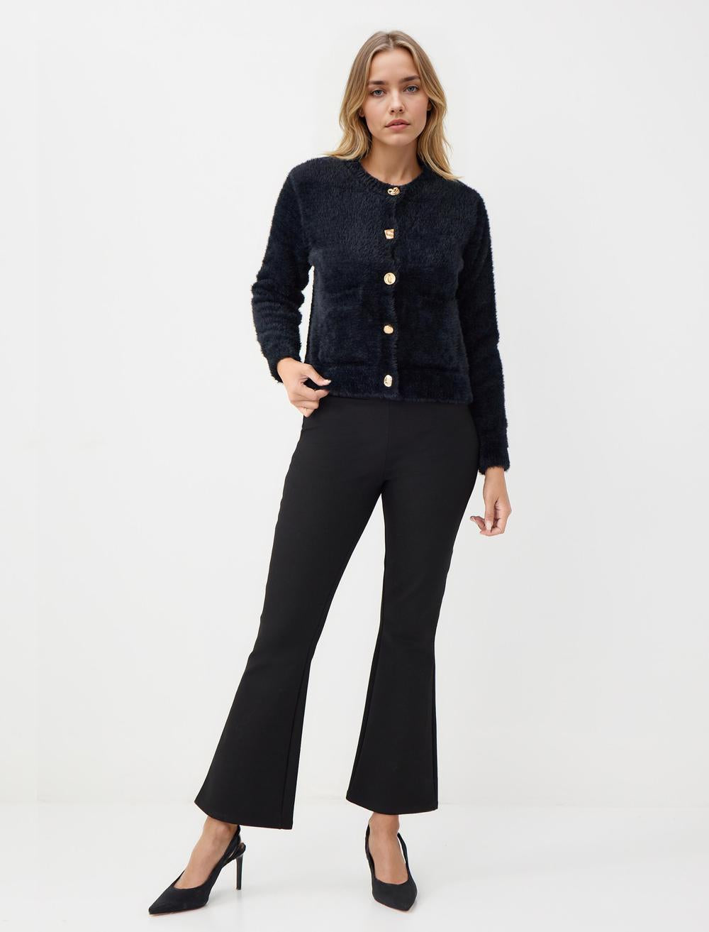 Crew Neck Long-Sleeve Cardigan - Black - 5WW104105900