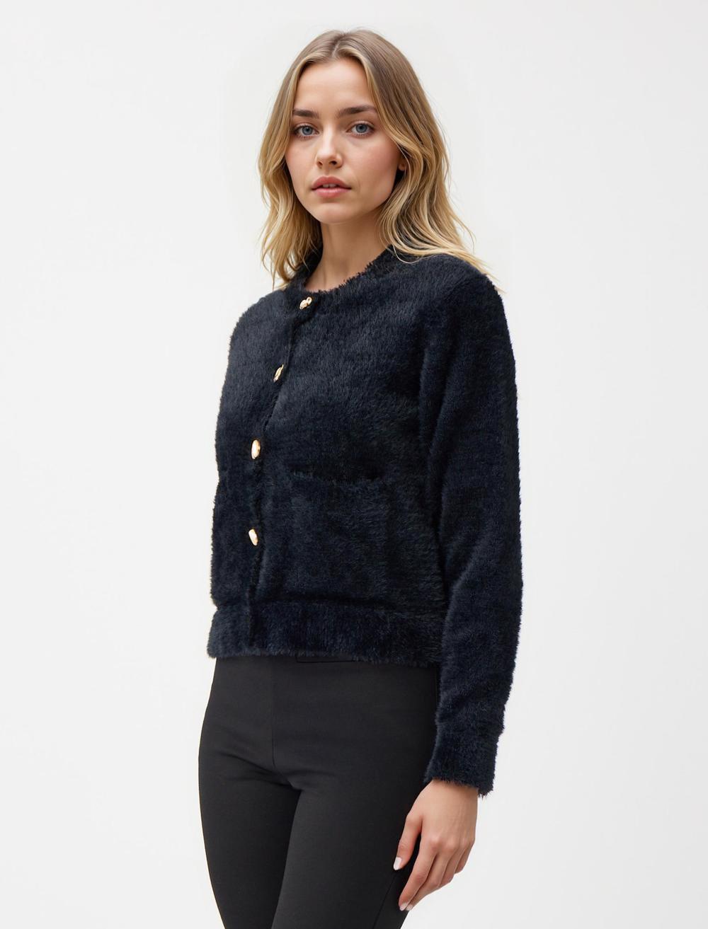 Crew Neck Long-Sleeve Cardigan - Black - 5WW104105900