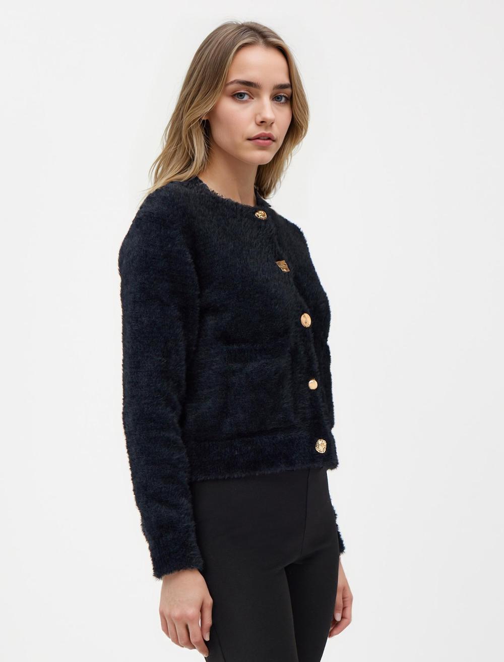 Crew Neck Long-Sleeve Cardigan - Black - 5WW104105900