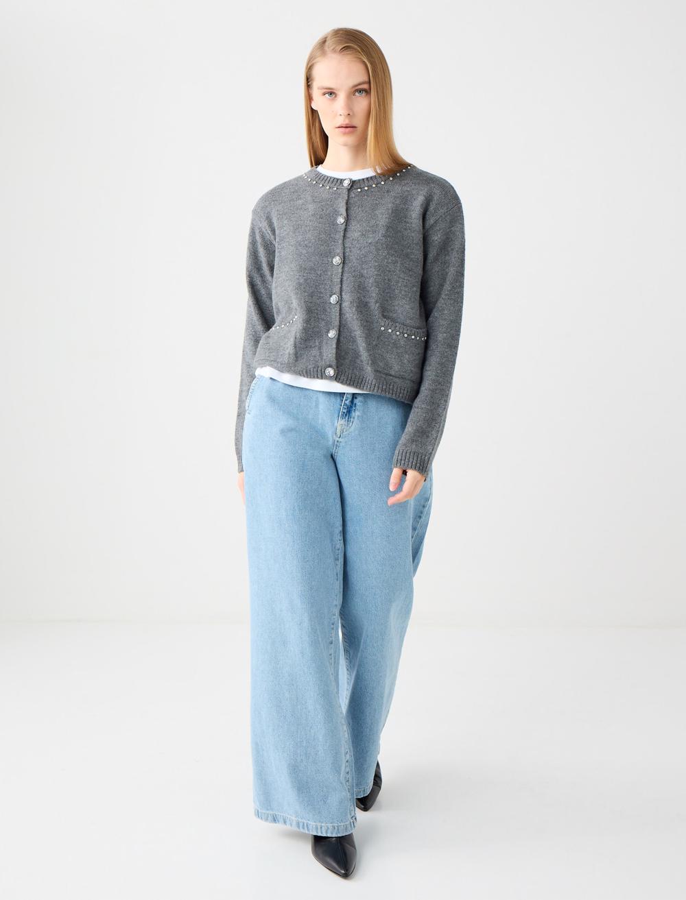 Crew Neck Long-Sleeve Cardigan - Grey - 5WW104108916