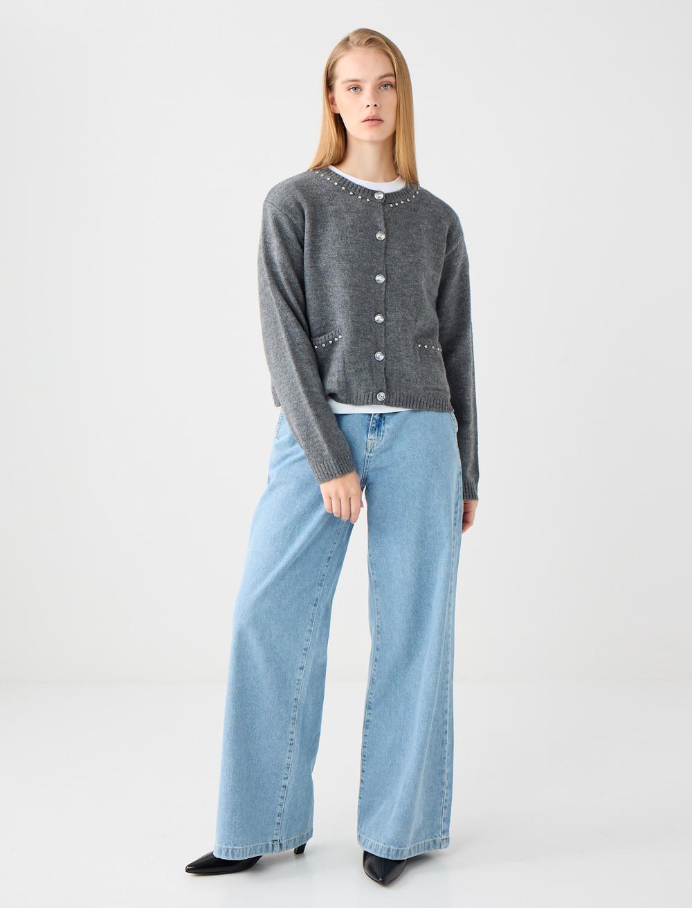 Crew Neck Long-Sleeve Cardigan - Grey - 5WW104108916