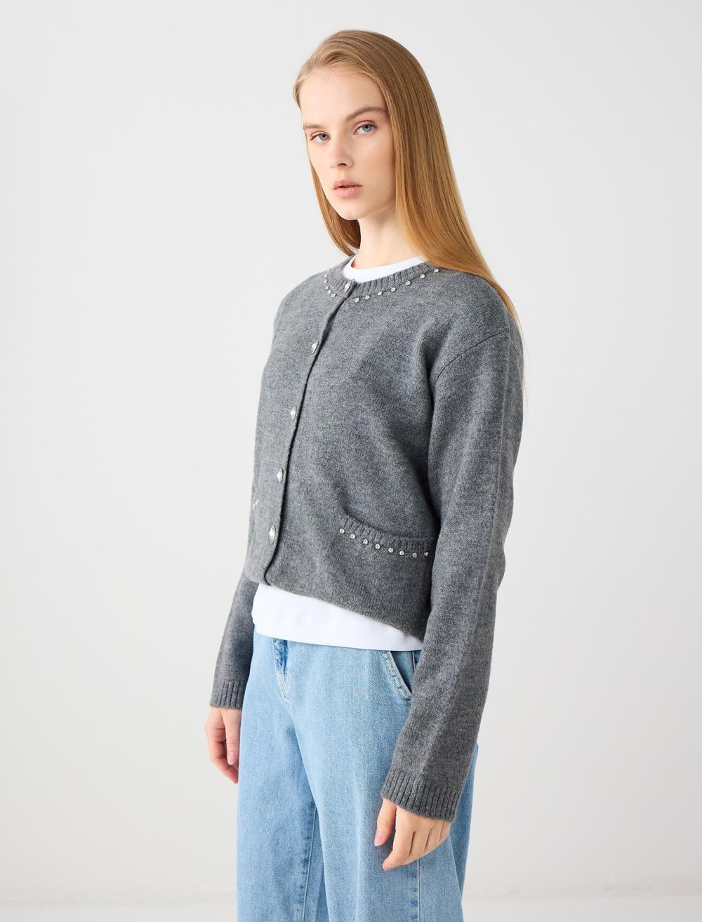 Crew Neck Long-Sleeve Cardigan - Grey - 5WW104108916