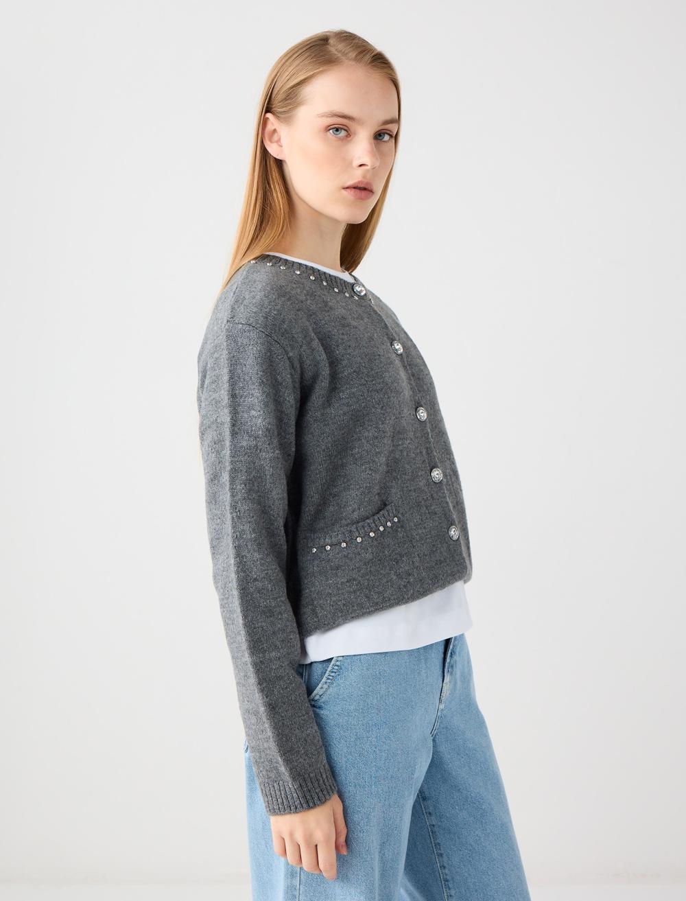 Crew Neck Long-Sleeve Cardigan - 5WW104108