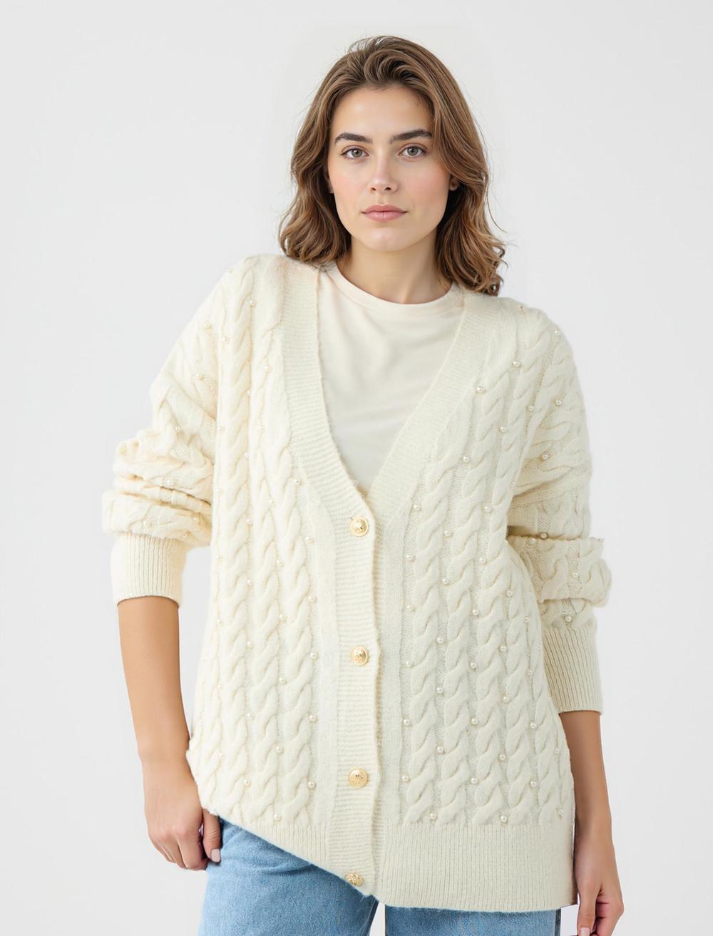 Loose Fit V-Neck Long-Sleeve Cardigan - 5WW104336