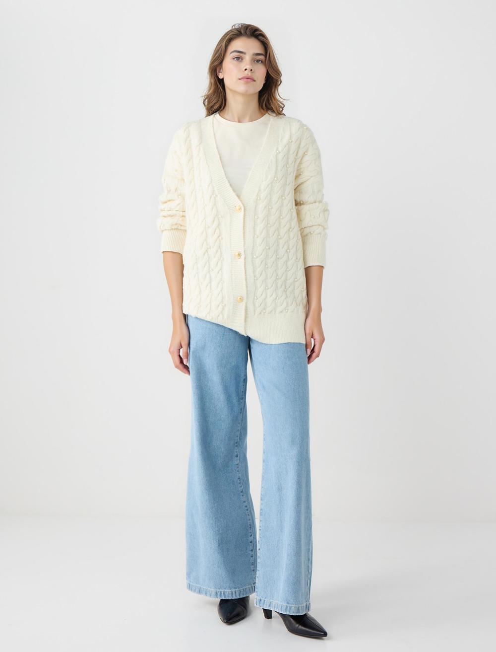 Loose Fit V-Neck Long-Sleeve Cardigan - Ecru - 5WW104336110