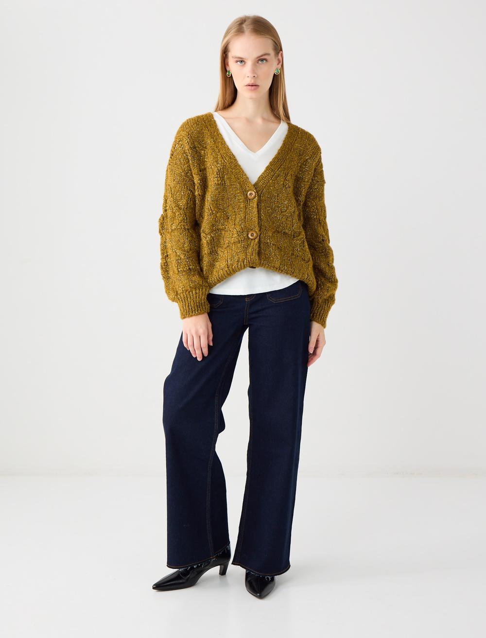 Loose Fit V-Neck Cardigan - Green - 5WW104902307