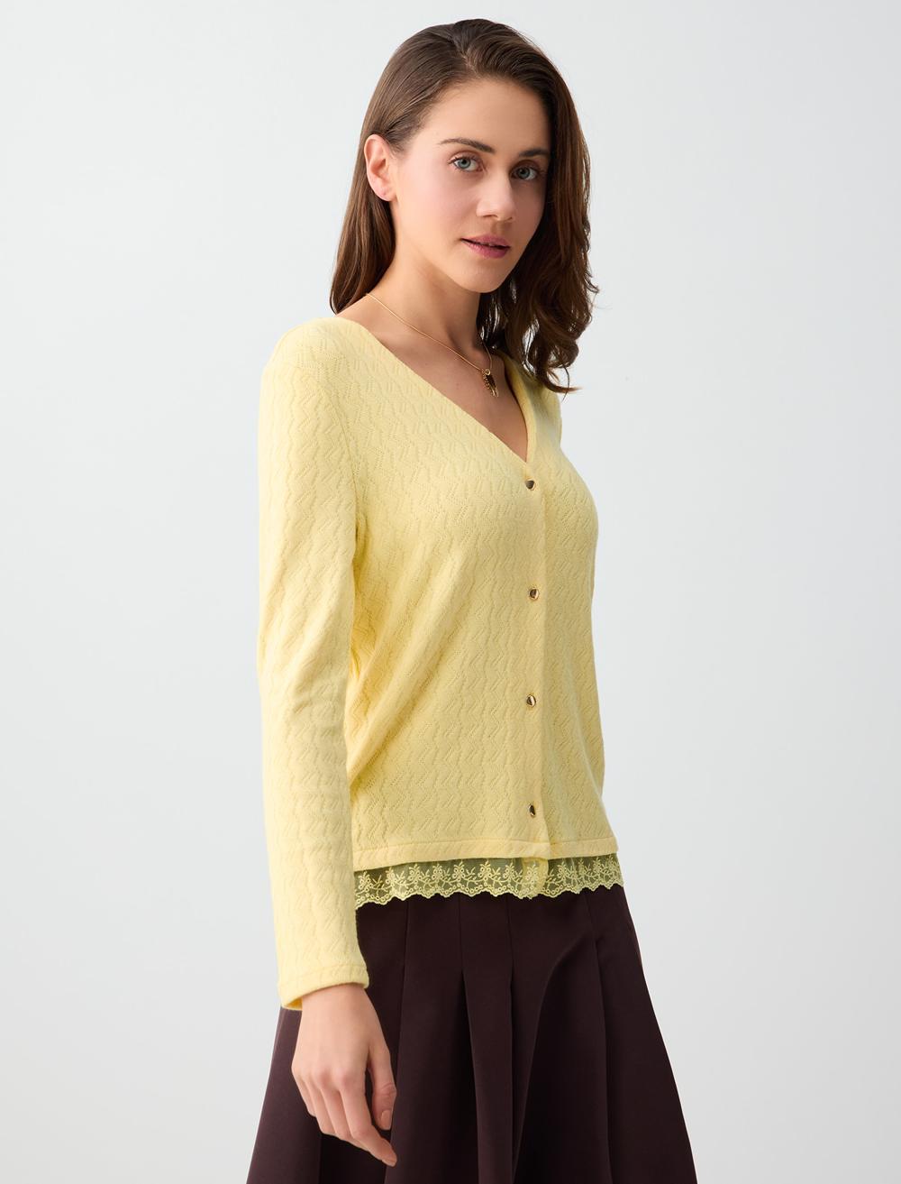 Loose Fit V-Neck Long Sleeve Cardigan - Light Yellow - 6SW105545206