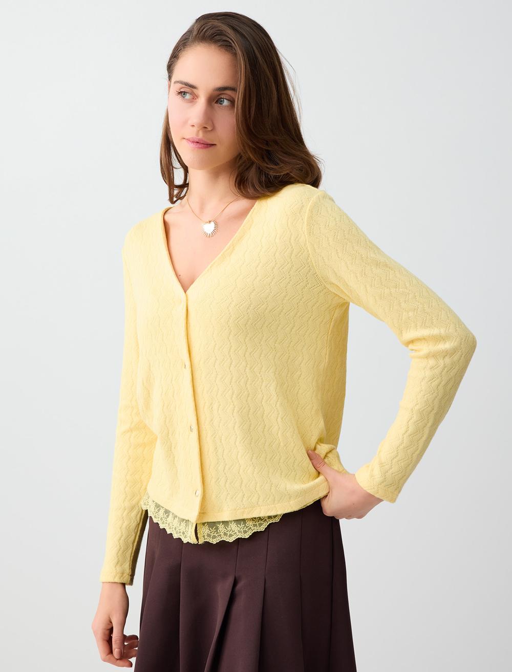 Loose Fit V-Neck Long Sleeve Cardigan - Light Yellow - 6SW105545206
