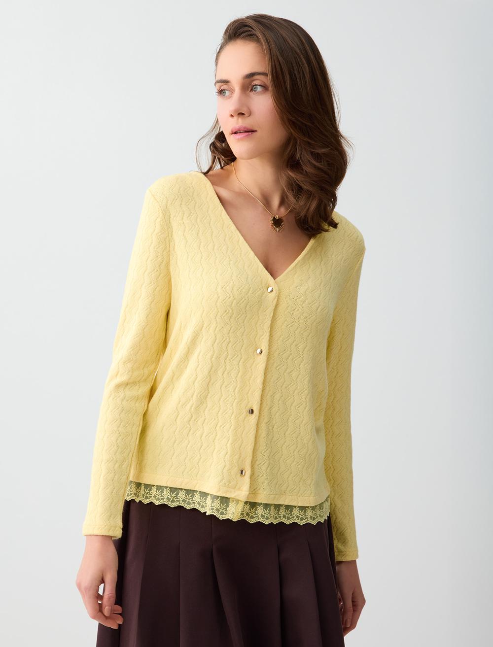 Loose Fit V-Neck Long Sleeve Cardigan - Light Yellow - 6SW105545206