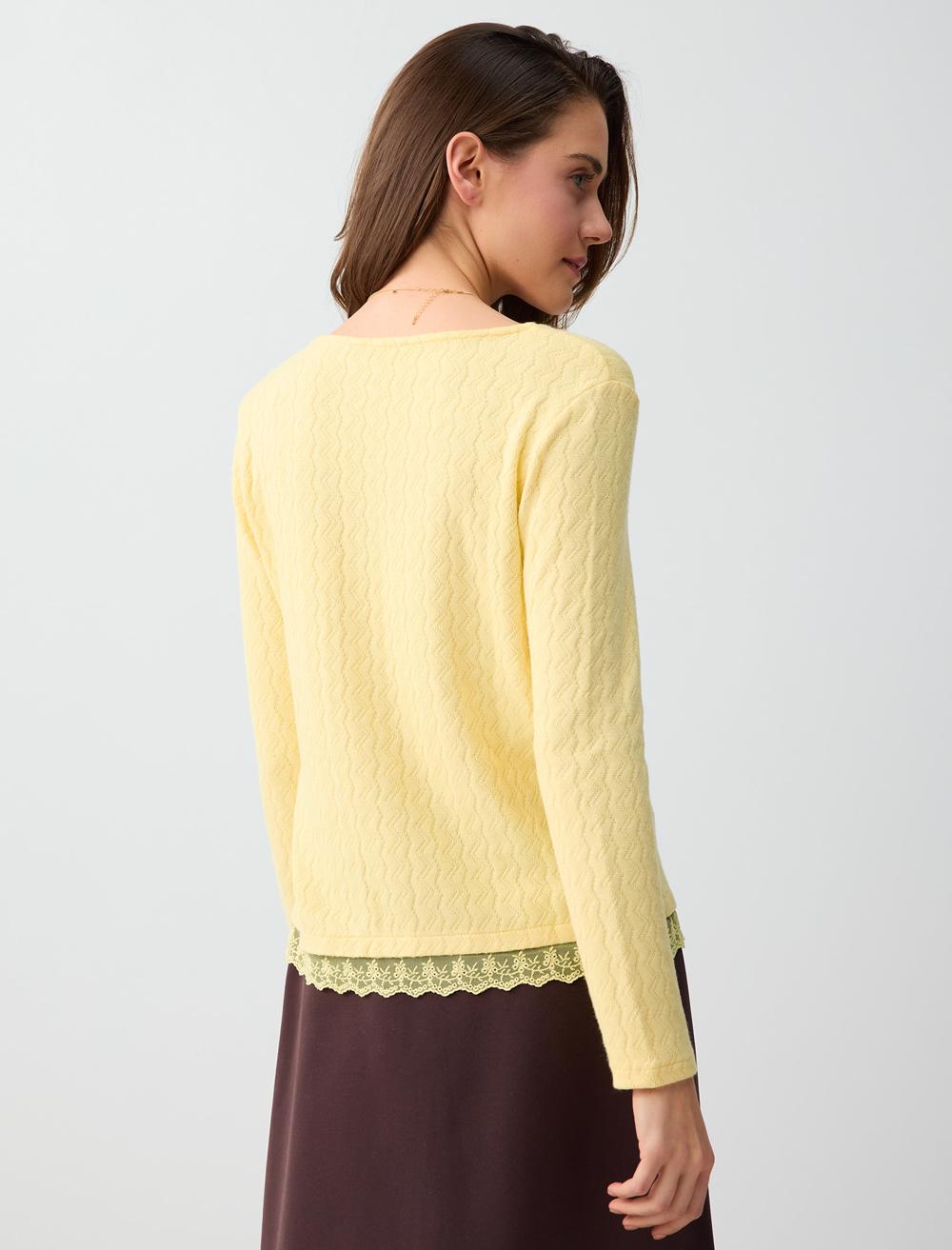 Loose Fit V-Neck Long Sleeve Cardigan - Light Yellow - 6SW105545206