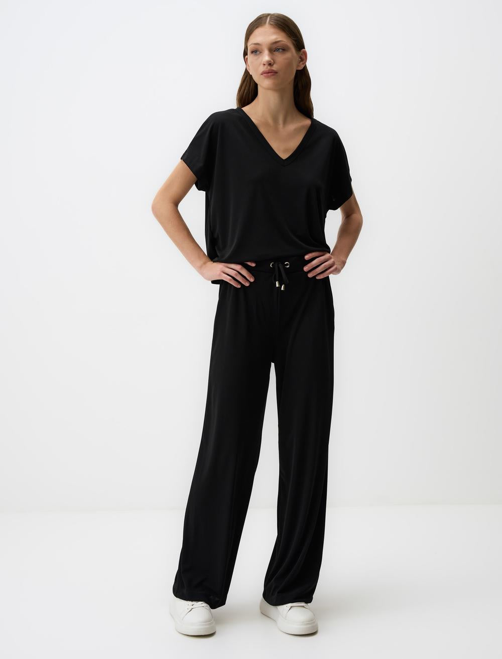 High Waist Wide Leg Jogger Pants with Pockets - Black - 24WJOY900