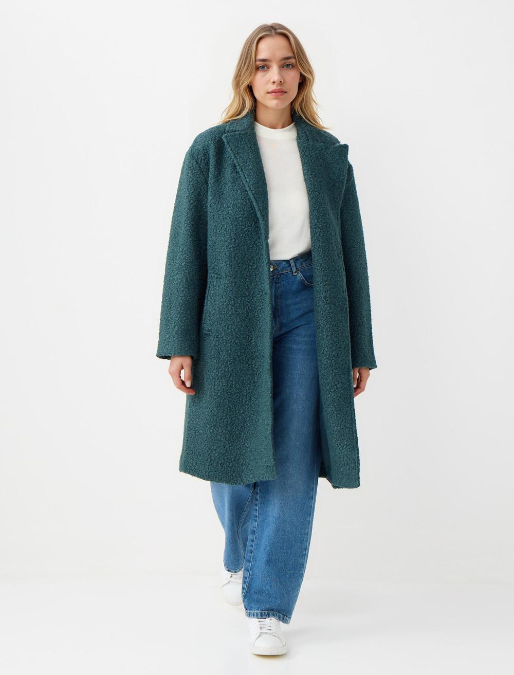 Loose Fit Long-Sleeve Coat - Dark Green - 5WW123697306