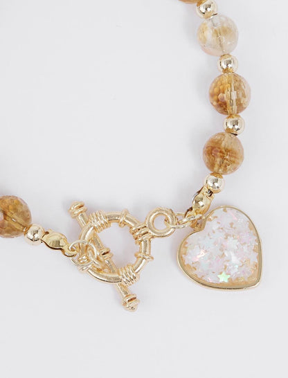 Heart-shaped Natural Stone Detailed Gold-plated Bracelet