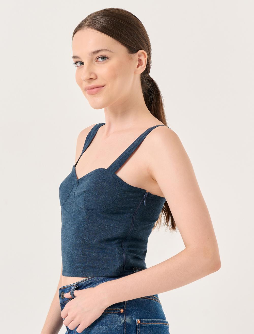 Heart Neck Linen Blouse with Thick Straps - 23SB011032