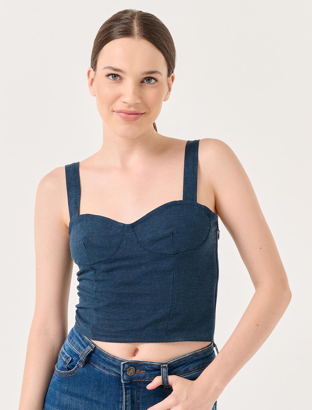 Heart Neck Linen Blouse with Thick Straps - 23SB011032