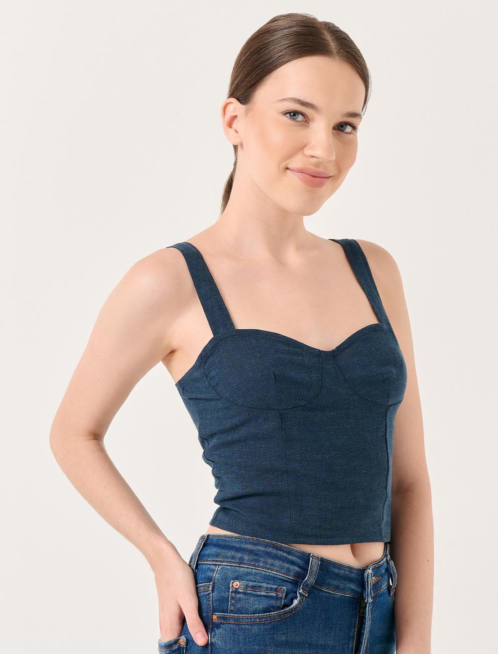 Heart Neck Linen Blouse with Thick Straps - 23SB011032
