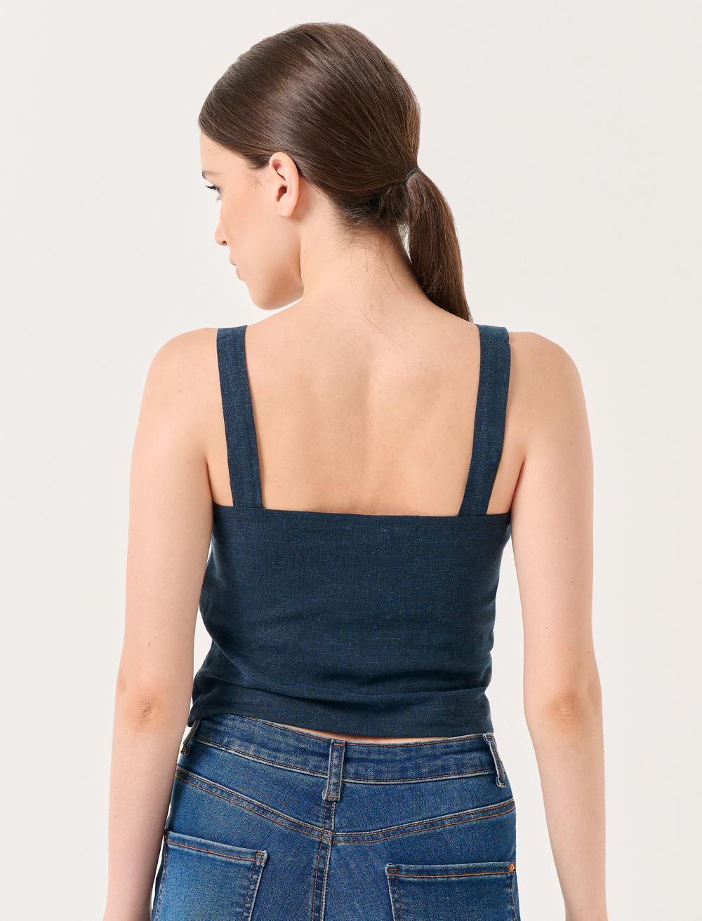 Heart Neck Linen Blouse with Thick Straps - 23SB011032