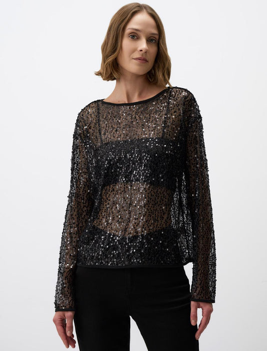 Boat Neck Relaxed Fit Long Sleeve Sequin Blouse