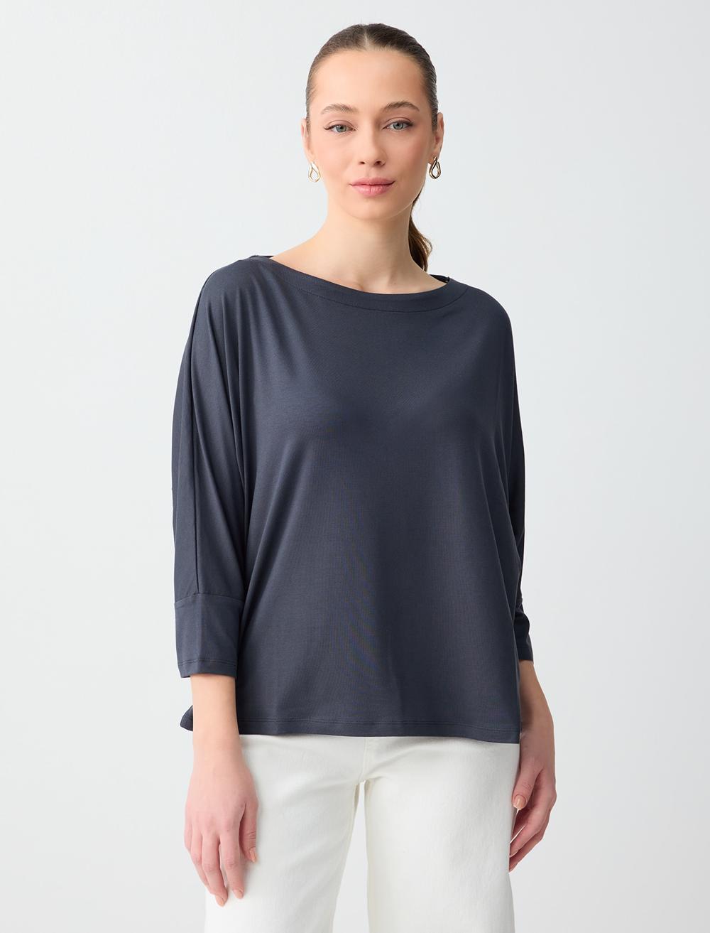 Loose Fit Off-The-Shoulder 3/4 Sleeve T-shirt - Anthracite - 6SW276639971