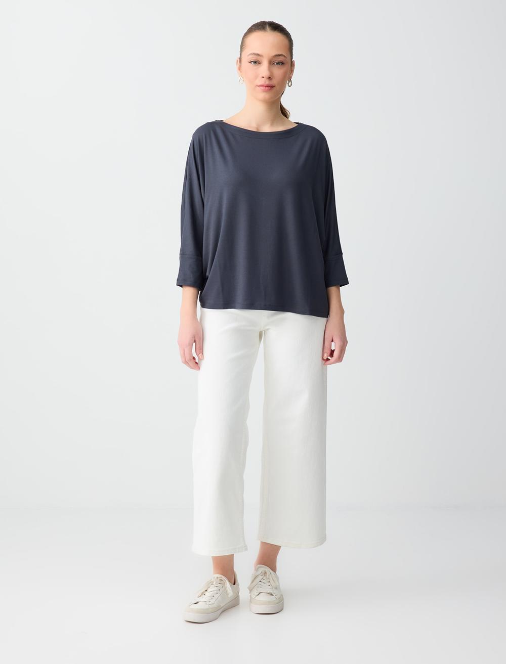 Loose Fit Off-The-Shoulder 3/4 Sleeve T-shirt - Anthracite - 6SW276639971
