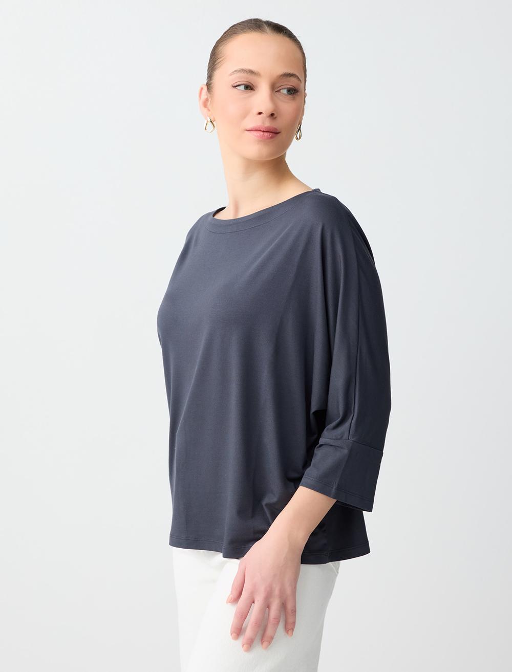 Loose Fit Off-The-Shoulder 3/4 Sleeve T-shirt - Anthracite - 6SW276639971