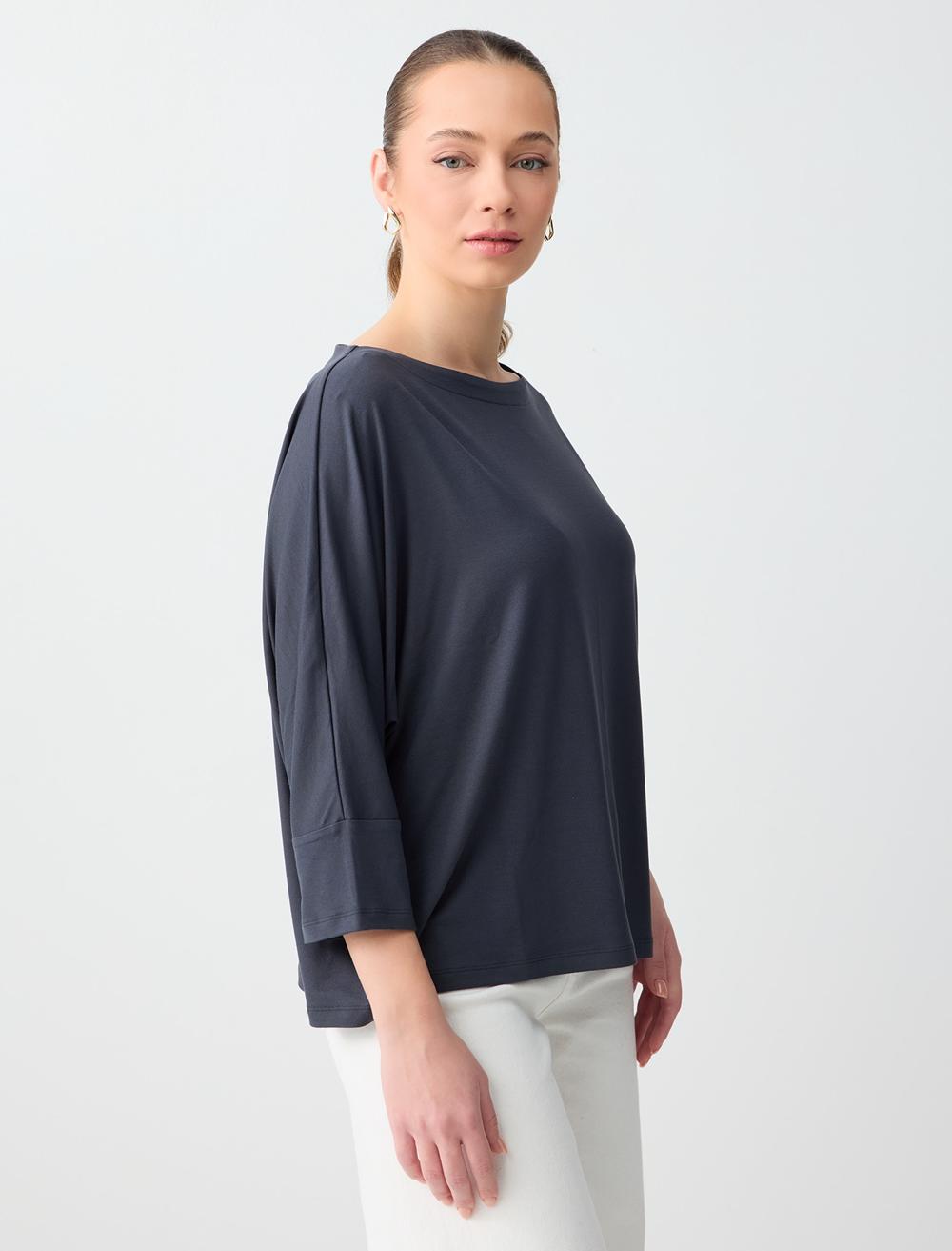 Loose Fit Off-The-Shoulder 3/4 Sleeve T-shirt - Anthracite - 6SW276639971