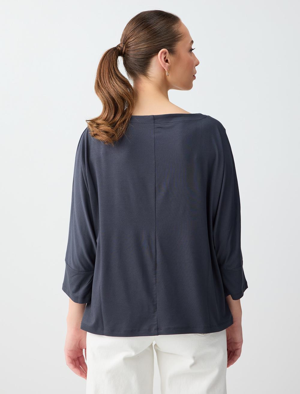 Loose Fit Off-The-Shoulder 3/4 Sleeve T-shirt - Anthracite - 6SW276639971