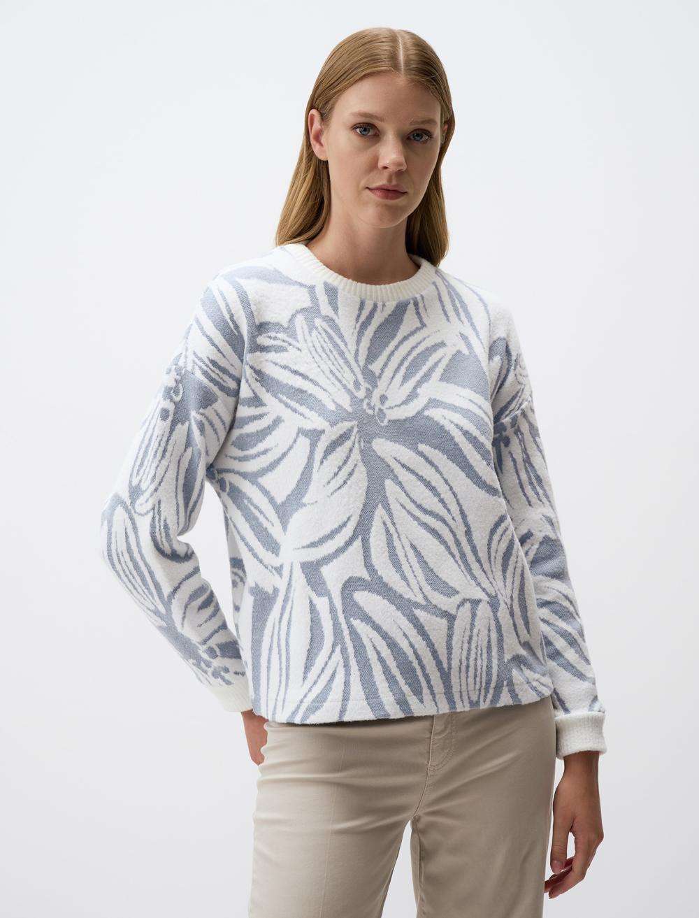 Floral Patterned Crew-Neck Knitted Sweater