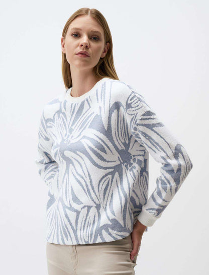 Floral Patterned Crew-Neck Knitted Sweater