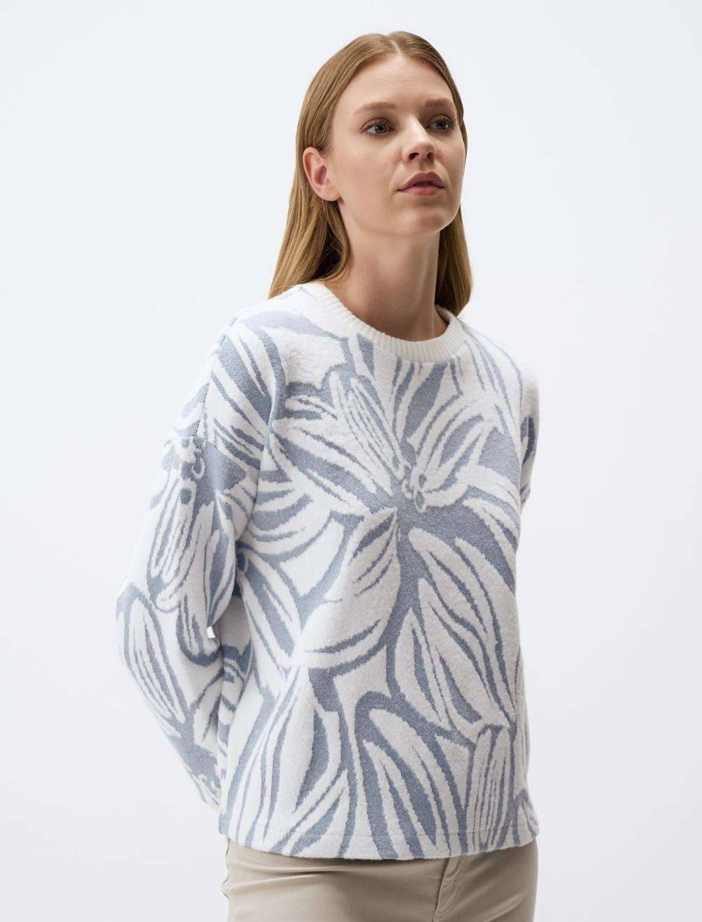 Floral Patterned Crew-Neck Knitted Sweater