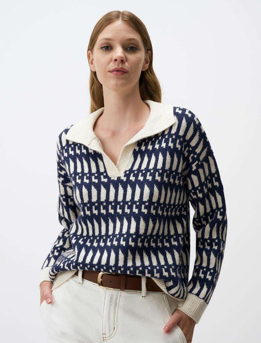 Polo Collar Patterned Sweater