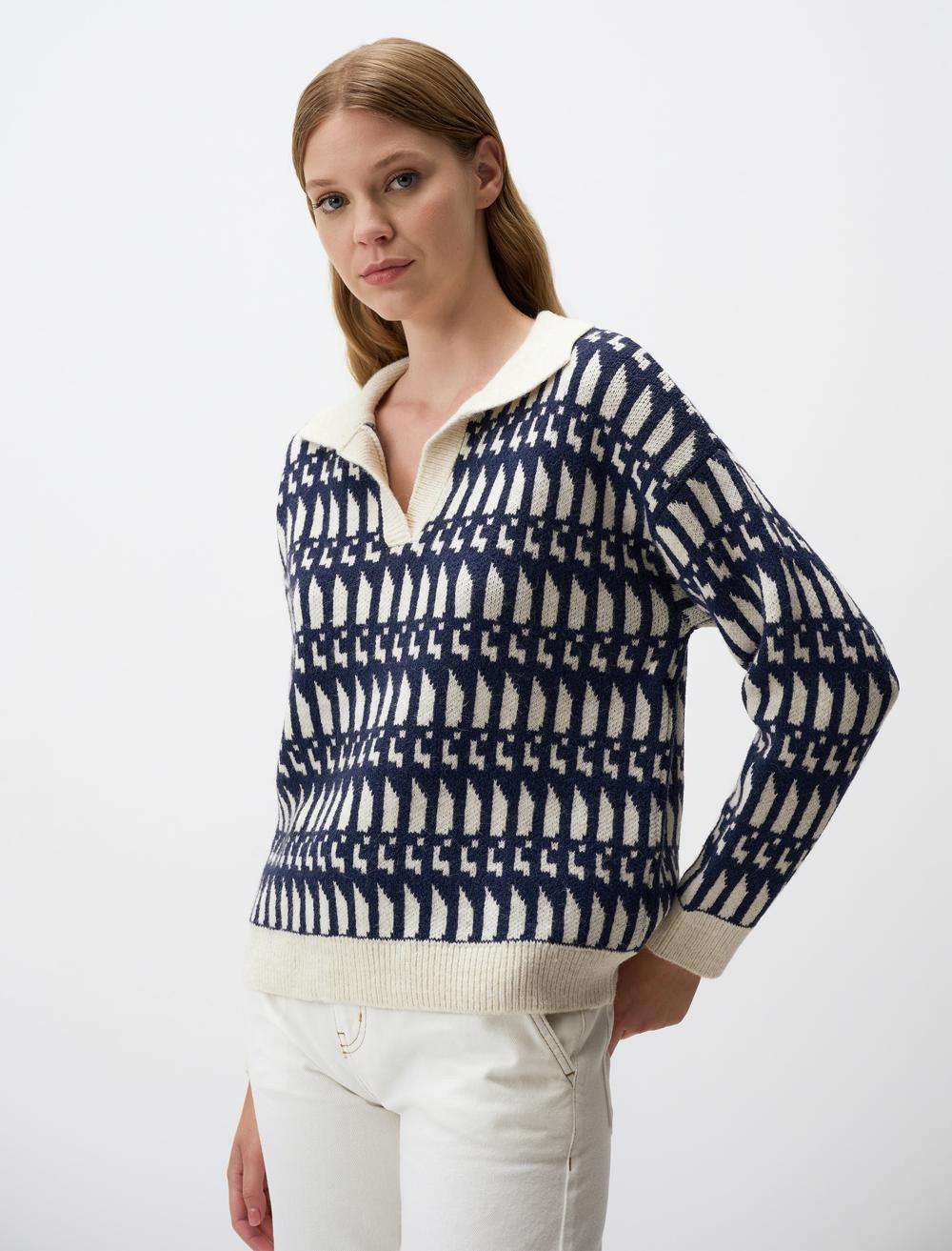 Polo Collar Patterned Sweater