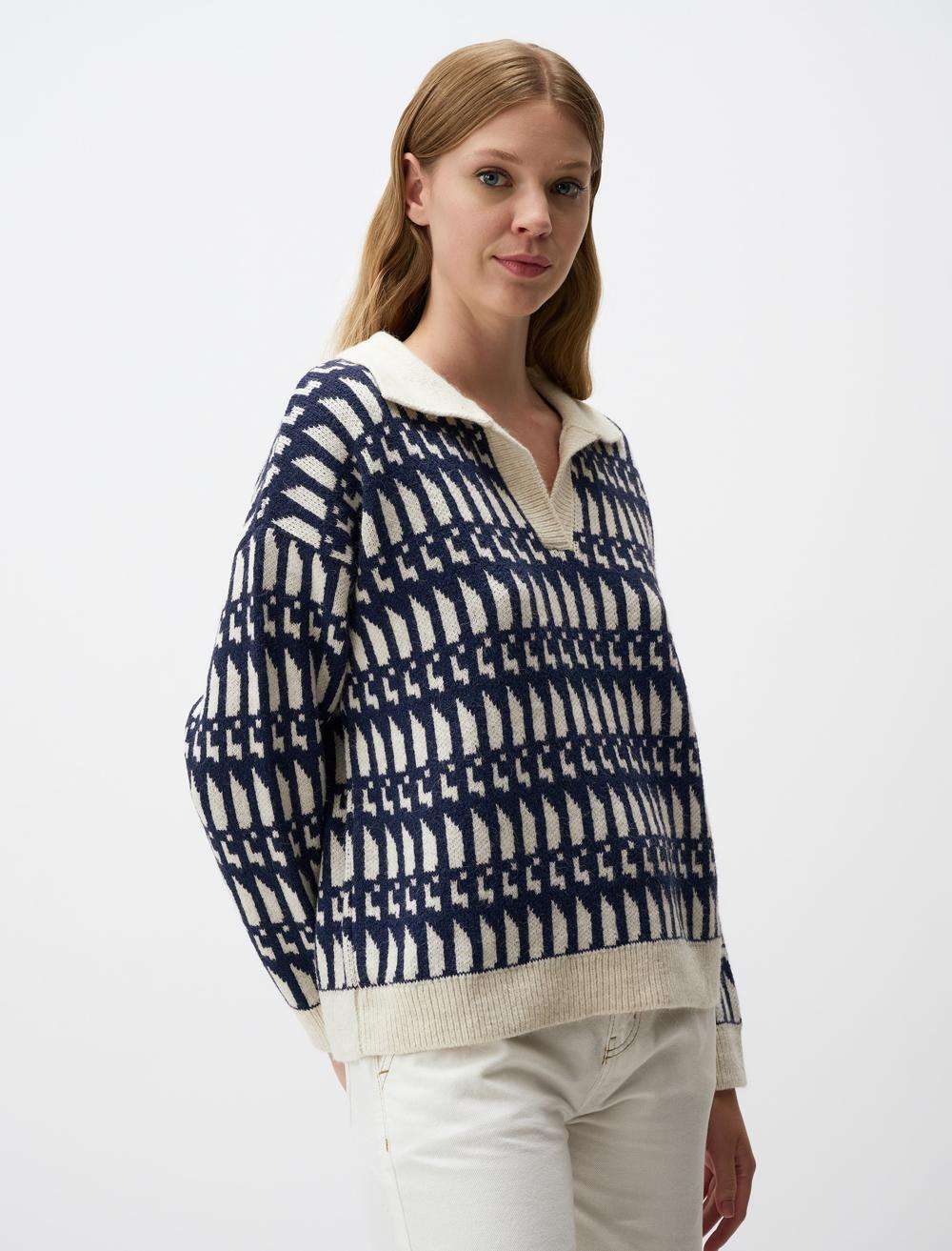 Polo Collar Patterned Sweater