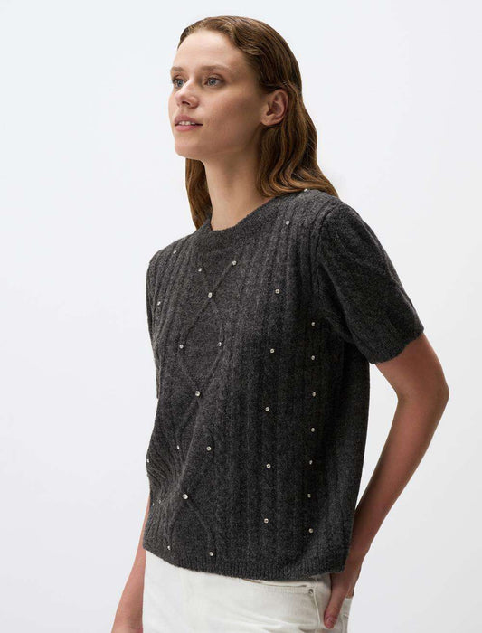 Crew Neck Shiny Stone Detailed Sweater