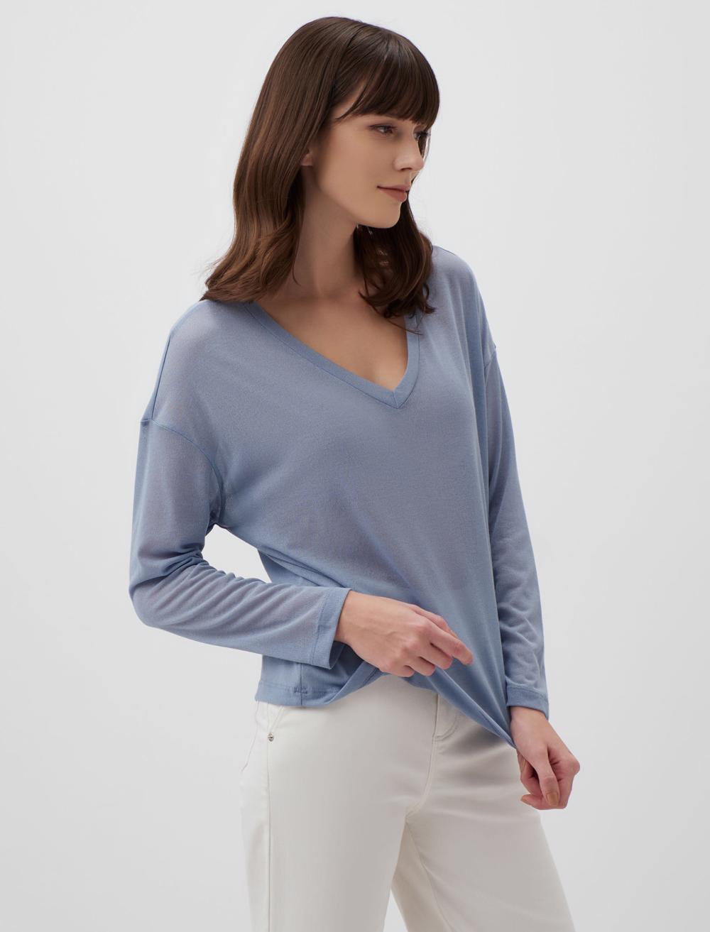 V-Neck Long Sleeve Stylish Basic Blouse - Blue - 24SK044200402