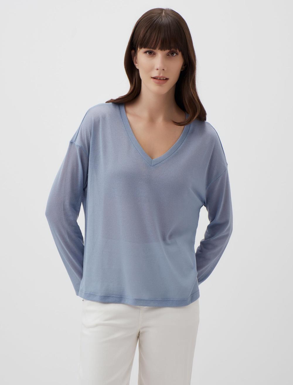 V-Neck Long Sleeve Stylish Basic Blouse - Blue - 24SK044200402