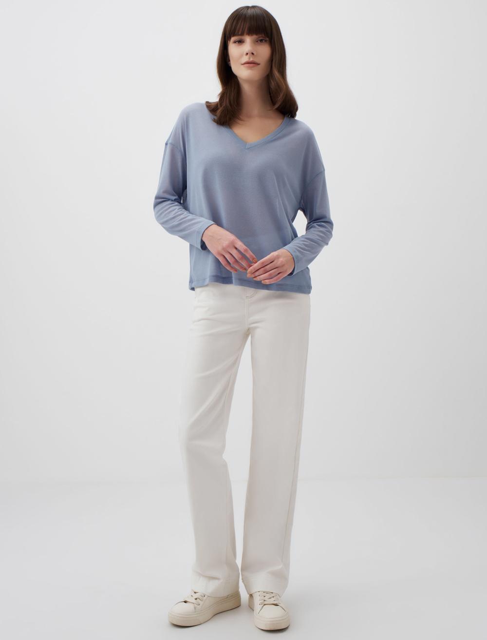 V-Neck Long Sleeve Stylish Basic Blouse - Blue - 24SK044200402