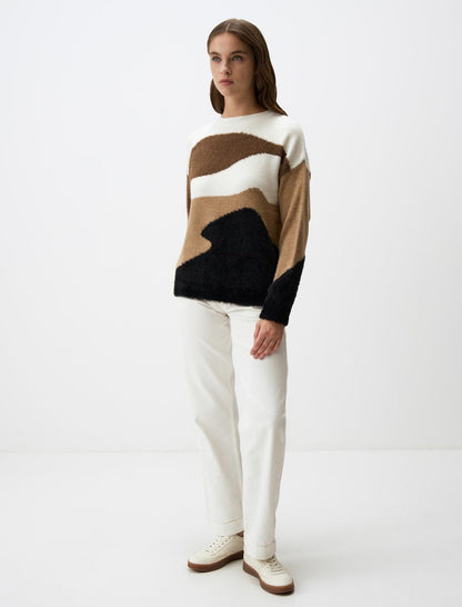 Crew-Neck Asymmetric Patterned Long Sleeve Sweater