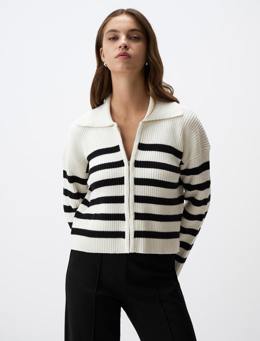 Polo Collar Zippered Striped Sweater Cardigan