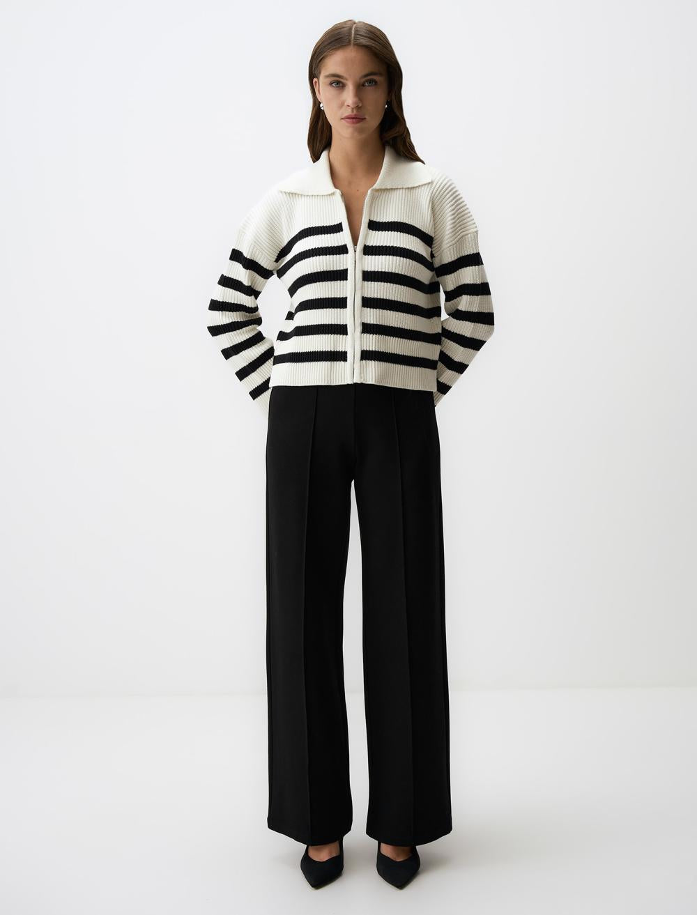 Polo Collar Zippered Striped Sweater Cardigan