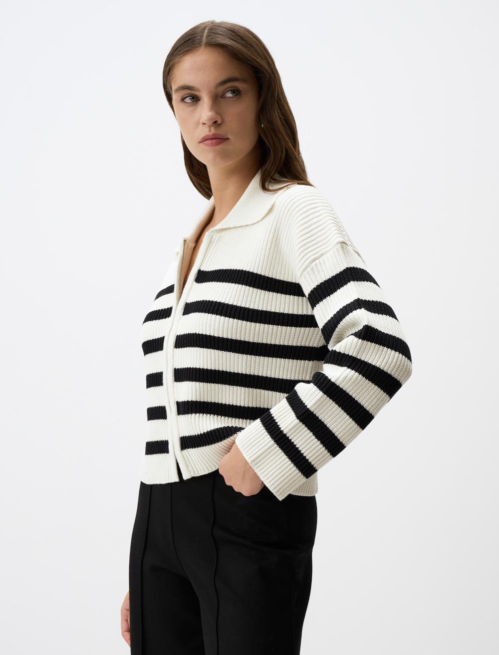 Polo Collar Zippered Striped Sweater Cardigan