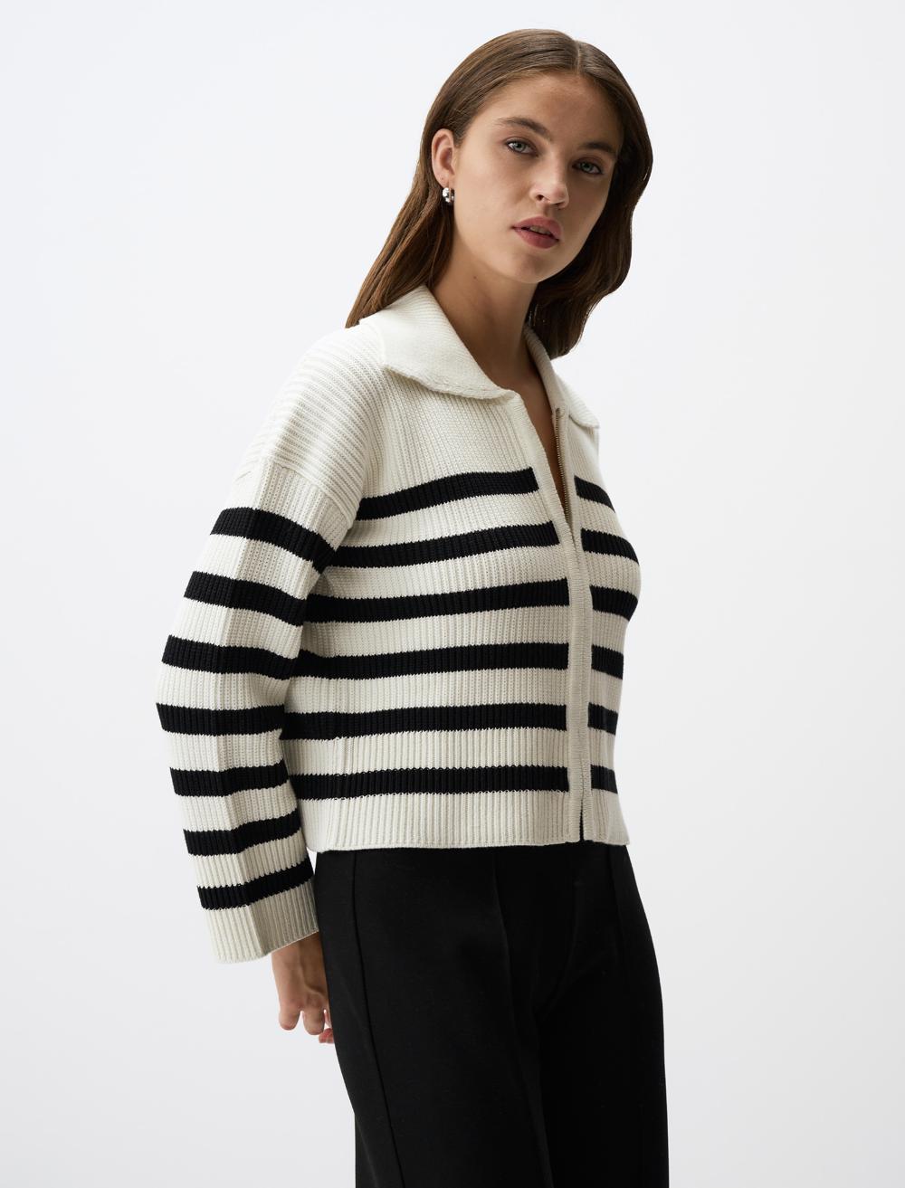 Polo Collar Zippered Striped Sweater Cardigan