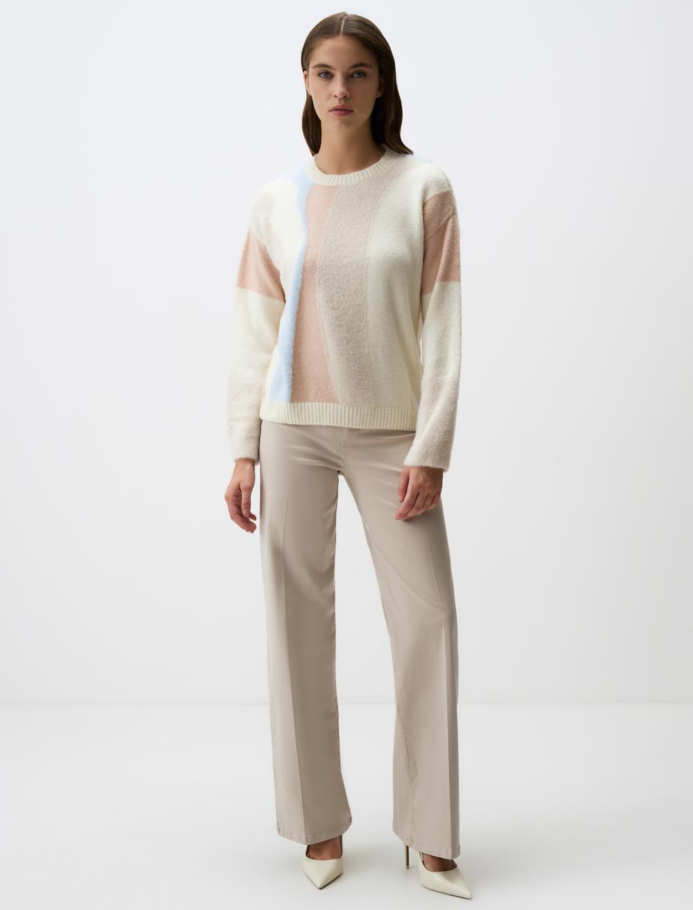 Asymmetric Patterned Crew-Neck Sweater